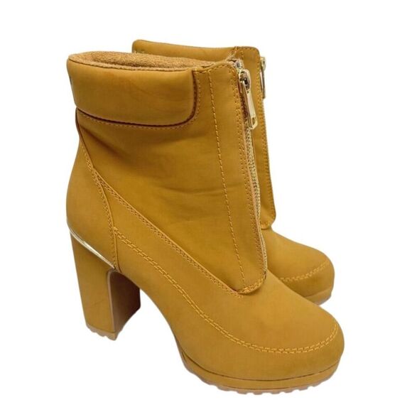 DKNY Booties Size 7.5 Gold Tone Chunky Heel Platform Sole Front Zip Boots - Picture 1 of 9